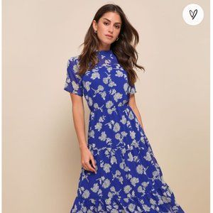 Lulu's Floral Dressed Up Royal Blue Floral Print Midi Dress